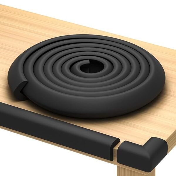 Baby furniture corner protection kit includes an 18-foot (approximately 5.5-meter) long shock-absorbing and anti-collision strip and 8 foam corner protectors.